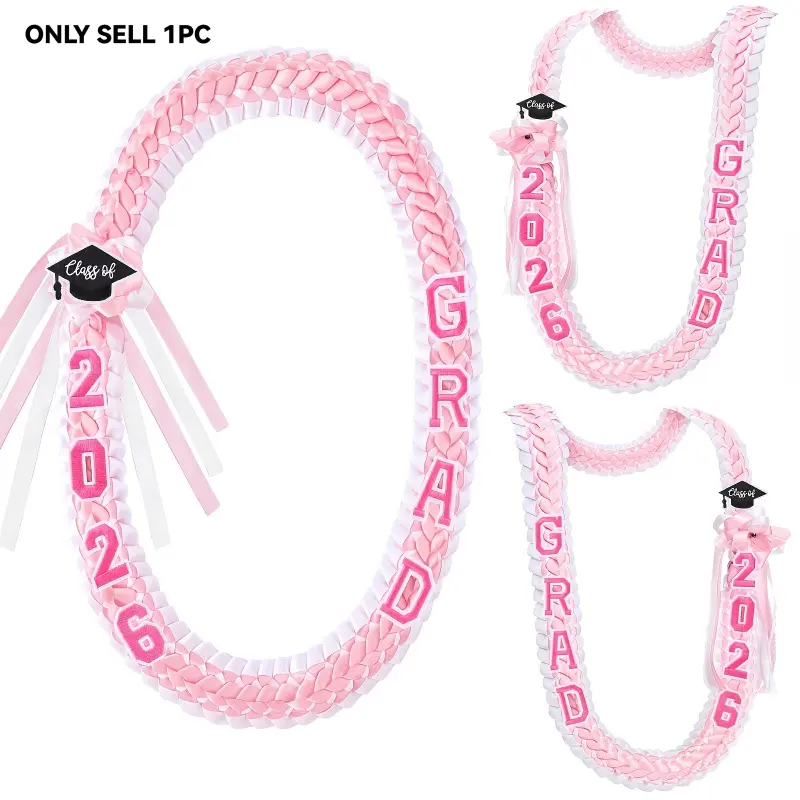 2026 Graduation Leis in Pink - Double Braided Ribbon Lei Necklace, Adjustable Lei for Cash Gifts to Celebrate Graduates, Decorations for Senior Graduation Parties, Graduation Keepsakes, Gifts for High School And College Graduates, Graduation Accessories