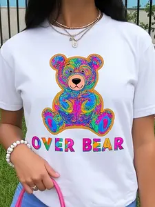 Women'S Short Sleeve T-Shirt - White T-Shirt With Colorful Bear Printed Design, Casual Round Neck Stretchy Soft Fabric, All-Season Fashion Top, Trendy Attire, Statement Graphic Tee, Comfortable Fit Tee, Easter And Mother'S Day Gift, Streetwear