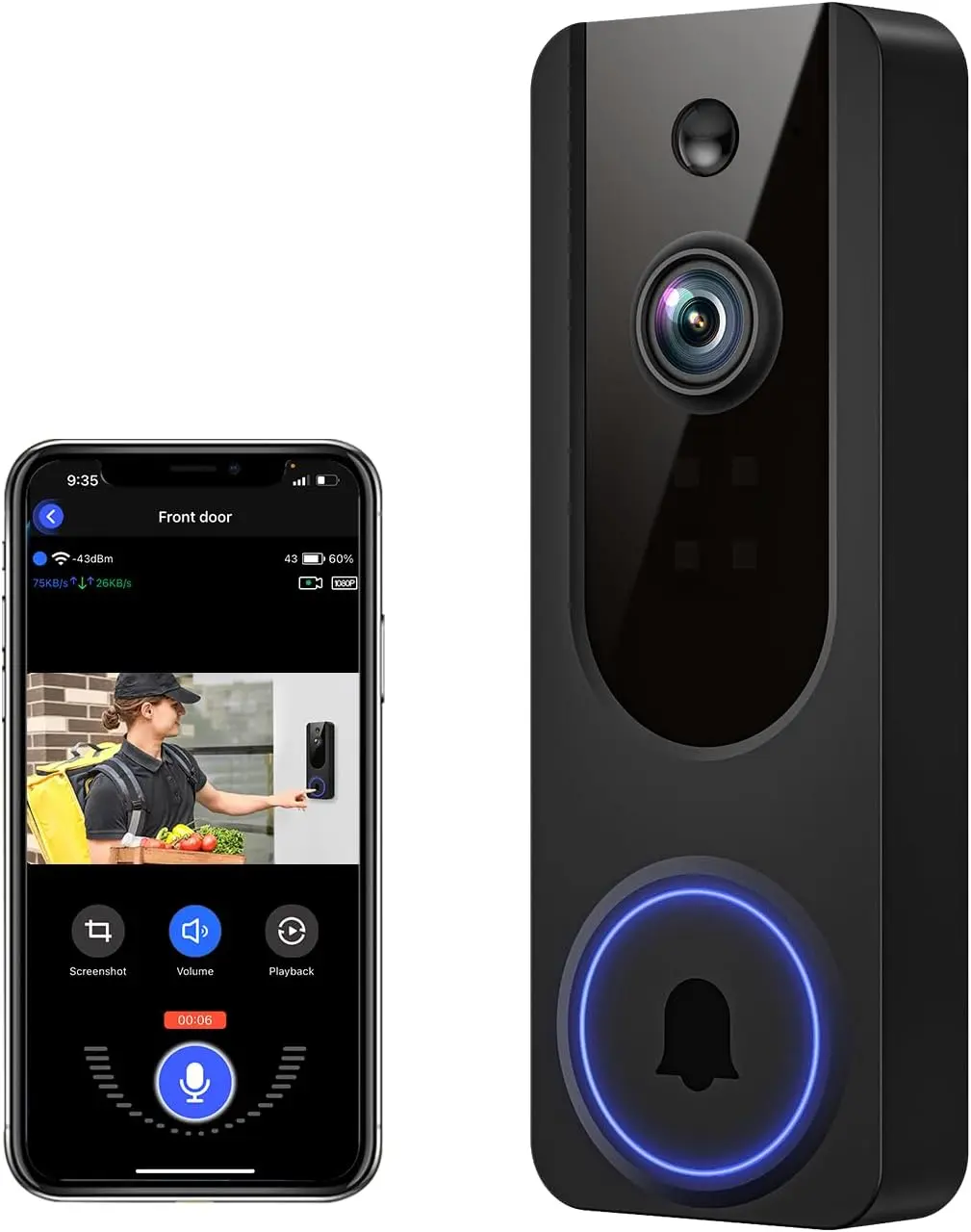 Wireless 1080p WiFi Video Doorbell Camera, Battery Powered, AI Human & Motion Detection, 2-Way Talk, Night Vision, Cloud Storage, 2.4G WiFi Only, Indoor/Outdoor Home Security Surveillance Device