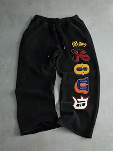 Vintage Wash Retro Patch Graphic Sweatpants - Streetwear Wide Leg Bottoms