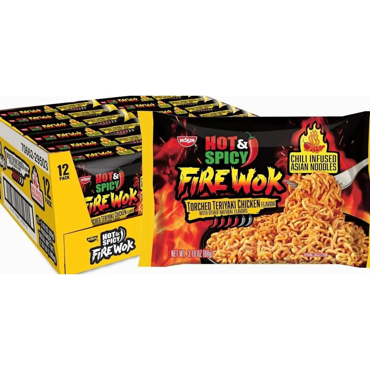 Nissin Fire Wok, Torched Teriyaki Chicken, Hot & Spicy Chile Infused Asian Noodles, 3.10 Ounce (Pack of 12)
