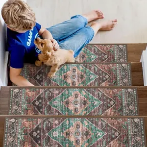 Non Slip Stair Treads Indoor 15 Pack 8" X 30" Carpet Treads for  Stairs, Washable Self Adhesive Stair Runners Stain Resistant Edging Staircase for , Elders and Dogs (15pc, Dull Teal)