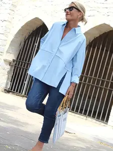 Plus Size Women's Solid Color Loose Oversized Long Sleeve Casual Shirt Blouse with Open Hem, Non-Stretch Fabric, Classic Turn Down Collar, Suitable for All Seasons, Versatile Fashion Top