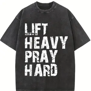 Printed Tee - "Lift Heavy Pray Hard" Christian Gym T-Shirt, Motivational Faith-Based Streetwear