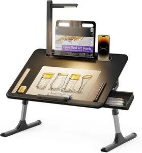 Laptop Table with LED Desk Light,  Laptop Stand for Bed, Height Adjustments Bed Desk with Book Stand for Reading Writing Drawing (Black)