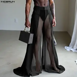 INCERUN Men's Summer Sexy Sheer Chiffon Trousers, High-Slit Wide-Leg Pants for Party, Clubwear, Stage Performance, Runway Beach Cover-up