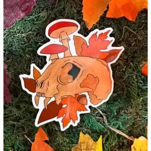 Feline Skull with Mushrooms & Fall Leaves Sticker