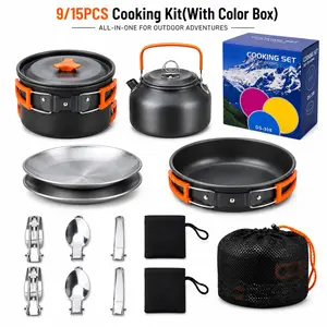 9/15-Piece Compact Camping Cookware Mess Kit (With Color Box) - Non-Stick Lightweight Pot, Pan, Kettle Set With Stainless Steel Plates, Camping Utensil Set For Hiking, Road Trips