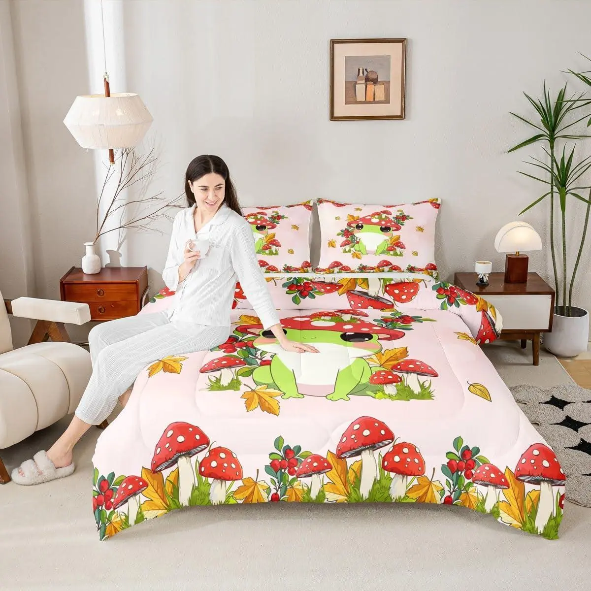 Cartoon Frog Kids Comforter Set,Mushroom Plants Botanical Rustic Bedding Set,Girls Boys Women Room Decor,Cute Animals Kawaii Down Comforter,Watercolor Bright Duvet Insert