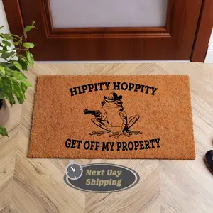 Funny Frog Doormat – “Hippity Hoppity Get Off My Property” Welcome Mat, Cowboy Frog with Gun Design, Humorous Outdoor Entry Rug, Front Porch Decor, Housewarming Gift Idea, Indoor Outdoor Coir Mat, Next Day Shipping Available, Made in USA