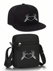 Unisex Halloween Skull Heart Print Baseball Cap Adjustable Snapback Cap & Crossbody Bag Set, Street Style Outdoor Sports Hat, Adjustable Gift for Friends