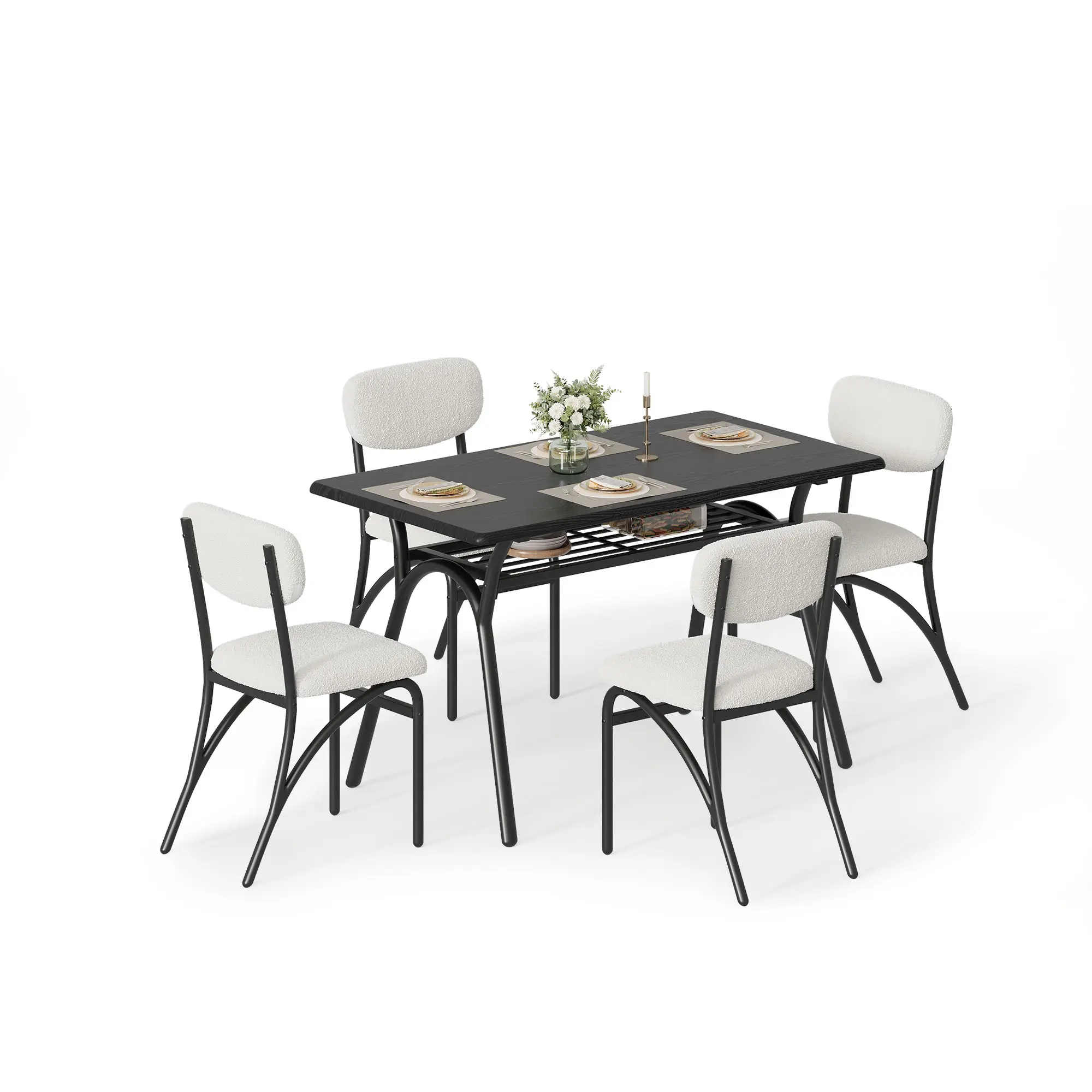 Dining Table Set for 4, Kitchen Breakfast Nook Set with Open Shelf Table & 4 Padded Chairs, Metal Frame & Marble Tabletop, Space-Saving Dining Furniture for Apartment