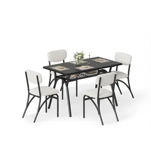 Modern 5-Piece Dining Table Set – Rectangular Faux Marble Table, Storage Shelf, Boucle or Lamb’s Soft Soft Upholstered Chairs, Perfect for Small Spaces, Living Room or Kitchen – Grey or Beige