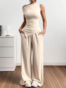 women's solid color top & wide leg pants two-piece set, casual fashion cozy sleeveless top & trousers for daily outdoor wear, ladies clothes for all seasons, womenswear, basic casual outfit set, casual outfits women