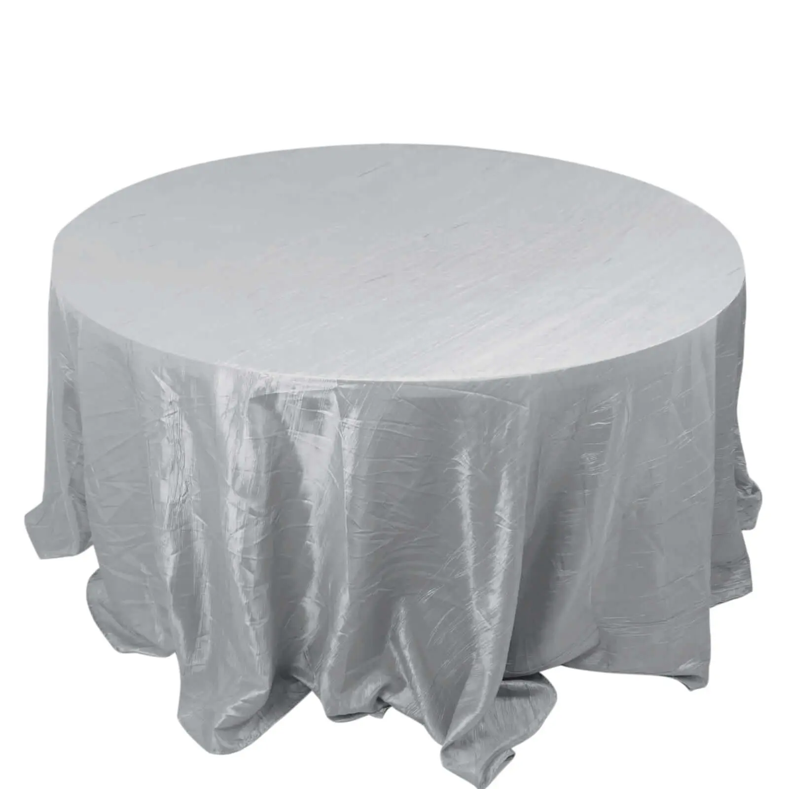 132 inches Round Seamless Crushed Taffeta Tablecloth - Silver Glam Accordion Crinkle Table Cover for Wedding, Event, Hand Wash Only