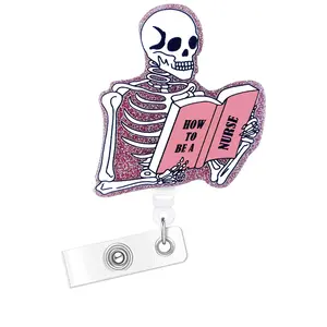 Skeleton Reading Book Design Badge Holder, Belt Clip Retractable Name Badge Holder for Nurse Doctor Worker Volunteer, Badge Buddy Nursing, Halloween Identification Badges & Supplies