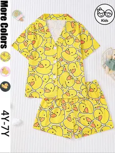 Cute Duck Print Kids Pajama Set, Collared Pajamas, Fire Retardant Fabric, Short Sleeve Button Front Top & Elastic Shorts, Casual All Seasons Wear