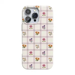 Pastel Lavender Gingham Floral Phone Case, Vintage Wildflower Checkered Cover, Cottagecore Purple Plaid Flower Case,Aesthetic Botanical Grid Tough Cover, Compatible with iPhone 11 12 13 14 15 16 17 Air Series, Gift for her
