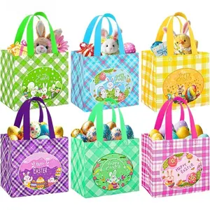 6/12 PCS Easter Egg Basket Gift Bags - Reusable Non-Woven Tote with Handles, Bunny Theme Spring Party Supplies, Party Favors, Party Decoration Supplies
