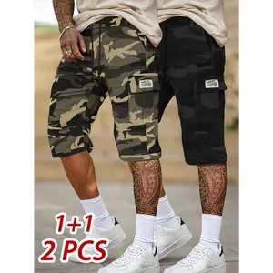 Men's 2-piece camouflage workwear cropped pants Drawstring multi pocket high elasticity casual sports pants two-piece set Multi colored camouflage outdoor functional style casual seven quarter pants combination