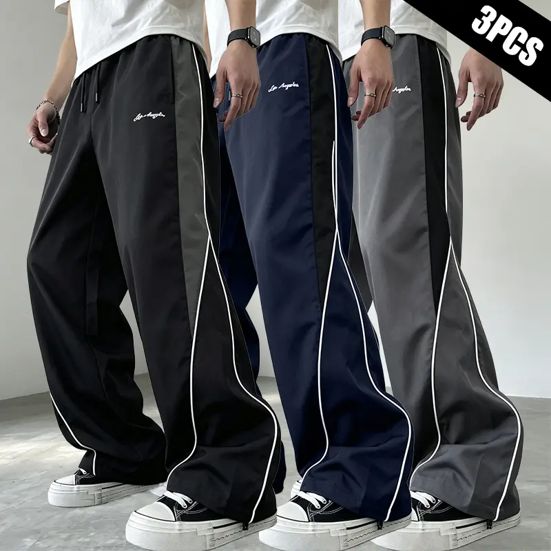 Men’s 3-Pack Color-Block Regular Leg Pants - Elastic Drawstring Waist, Everyday, Trendy, Sporty Chic, Comfortable Breathable Machine Washable Street-Style Athletic Casual Trousers