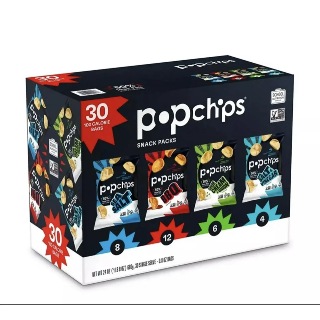 Popchips Variety Pack Chips 0.8 oz Bags 30 Ct Assorted Flavors Snack Pack 30 Bags 100 Calories Each