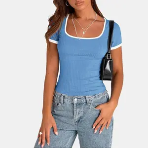 PRETTYGARDEN Women's Summer Short Sleeve T Shirts Ribbed Knit Casual Tops with Square Neck Design & Color-Contrasting Trims Basic Minimalist Style