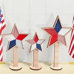 3 Pieces Memorial Day Decorations, 4th of July Decorations Wooden Star Table Centerpieces Red White Blue for Home Office Table Tiered Tray Decor Patriotic Independence Day Party Supplies
