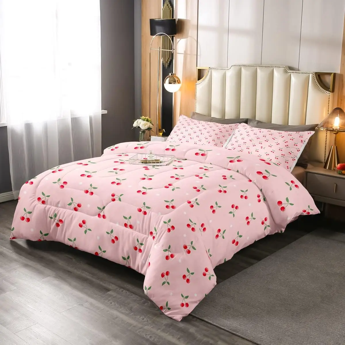 Feelyou Queen Size Microfibre Cherry & Polka Dot Duvet Set - Soft Breathable Bedding, Cozy Aesthetic Pink Kawaii Quilt, Machine Washable Women's Bedroom Decor