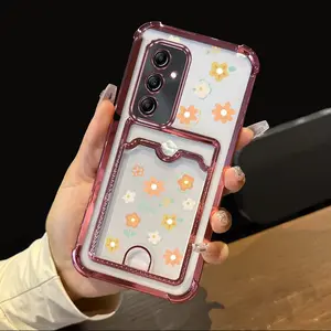 A54 5G Shockproof Transparent Plating Card Holder Slot Phone Case For Compatible With Samsung Galaxy A54 5G Summer Cute Childlike Flowers Protector Design Perfect for Fashion Girl Used