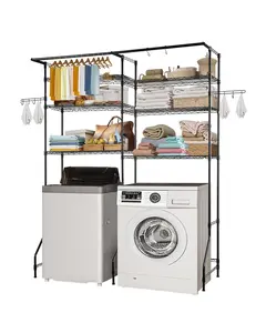 Over Washer And Dryer Storage Shelf: 6-Tier Laundry Room Drying Rack With Hanger Rod And Hooks, Adjustable Over-Washer And Dryer Shelves, Space Saving Laundry Organization Shelf, Black Finish