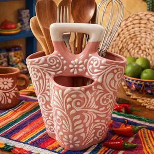 Talavera Triple Vase Holder Floral Design Hand Painted Centerpiece Decor | Pink & White Color