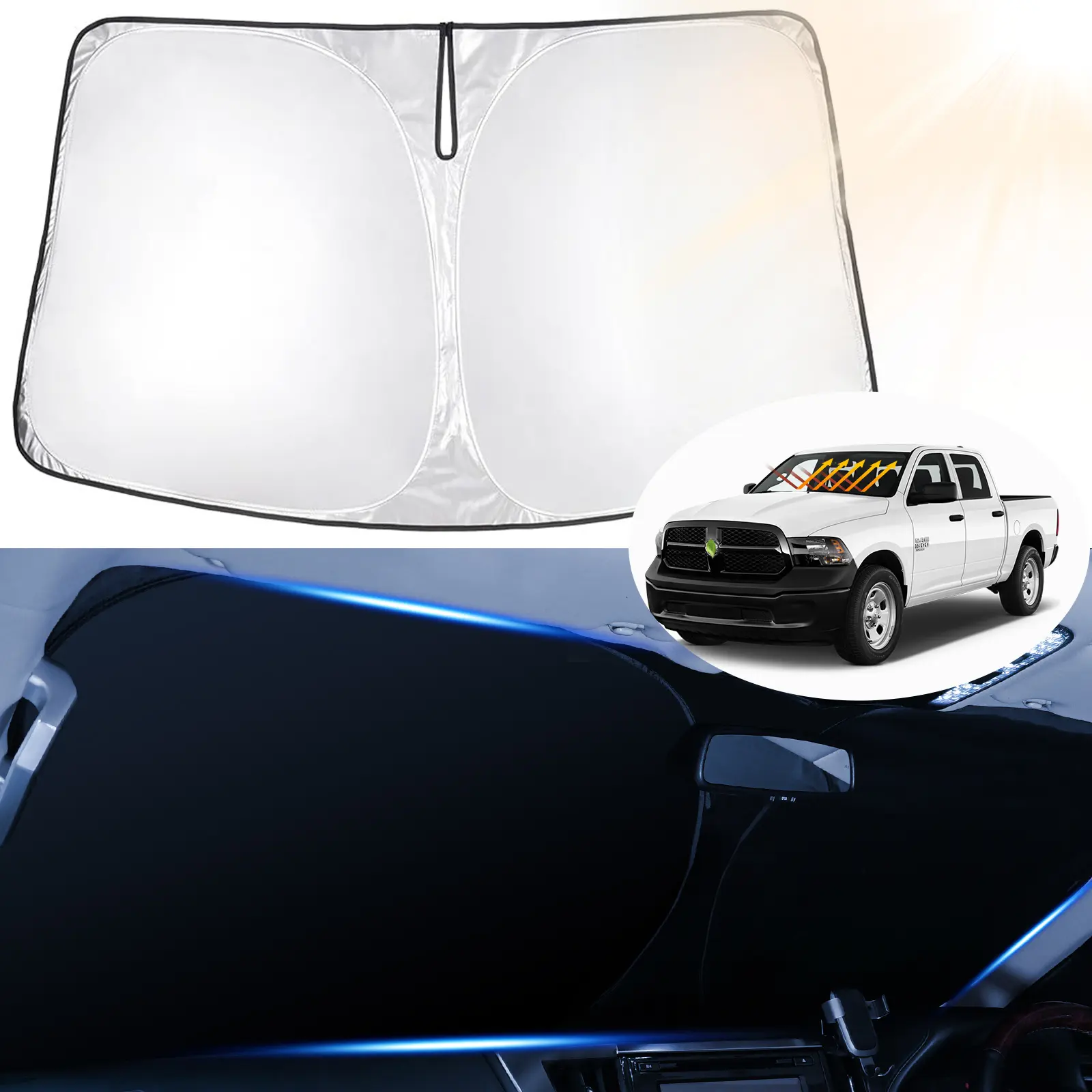 Canvcle Collapsible UV Protective Sunshade for 2011-2026 Dodge RAM 1500 (CrewCab, MegaCab, 2Dr RegularCab, 4Dr QuadCab) - UV Light Filtering Front Windshield Cover, Premium Fabric Foldable Visor, Car Accessory, Cools Car, Energy-Efficient AC Support, Coll