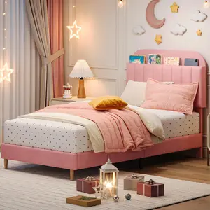 Garvee Full Size Upholstered Platform Bed Frame with Bookcase Headboard and Wooden Slats Support, No Box Spring Needed, Ideal for Teens and Suitable for Boys and Girls, Pink Finish
