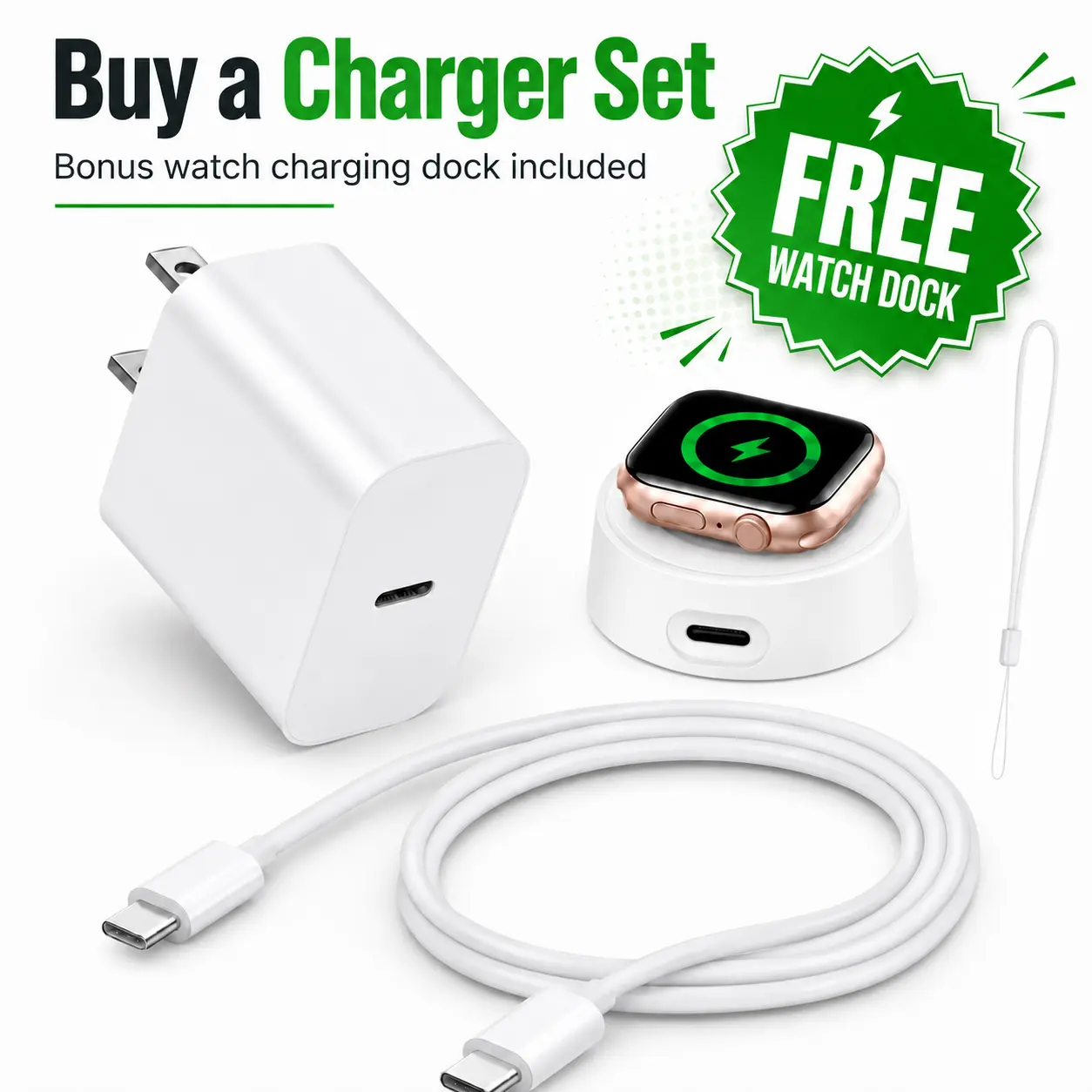 10ft cable set including  20W fast-charging adapter, 5W USB-C power adapter, and a USB-C smartwatch charging dock; upgraded portable wireless charging dock, for iPhone 17/16/15 Series, iPad/iWatch Series 11/10/9/8/7/6 38/40/41/42/44/45/46/49 mm (White)