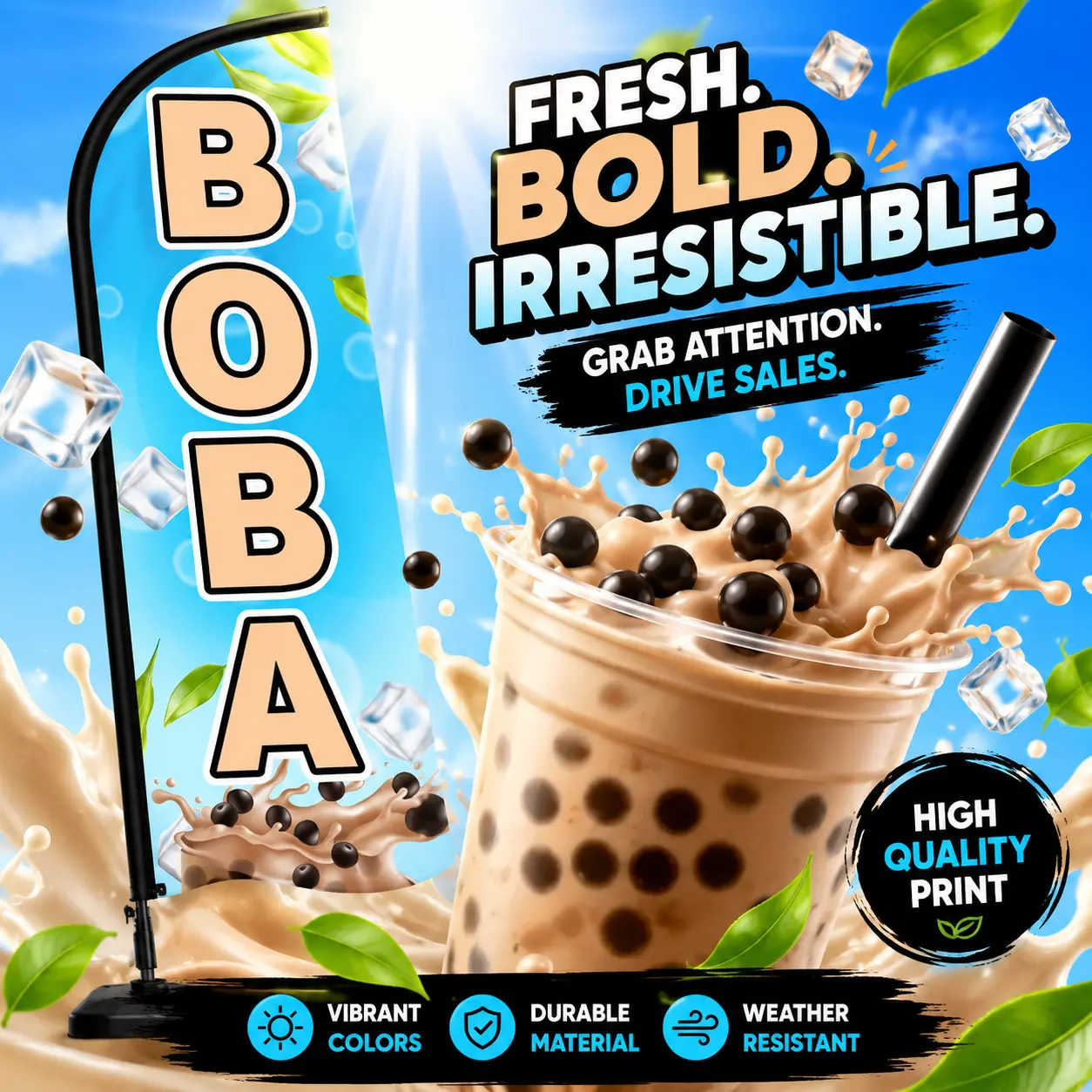 1PC 11.5FT Windless Boba Flag, High-Visibility Outdoor Advertising Banner Sign for Barbershop Business