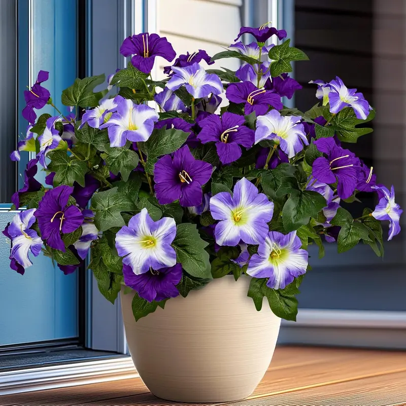 6 Pcs Artificial Morning Glory Flowers for Outdoors-UV Resistant Faux Petunia Plants for Hanging Baskets-Plastic Flower for Outside Porch,Window Box&Garden Decor(Purple/White)