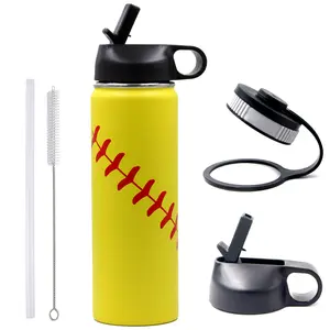 22 oz Softball Water Bottle, Wide Mouth Sports Flask Metal Travel Tumbler with 2 Lids, Stainless Steel Double Wall Vacuum Insulated Leak Proof Thermo Water Bottles, Softball Stuff Gifts for Mom Girls