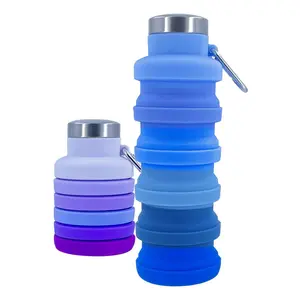 2-Piece Couple Set Foldable Travel Water Cup, Leakproof Reusable Silicone Bottle with Carabiner Clip, for Fitness Cycling Camping