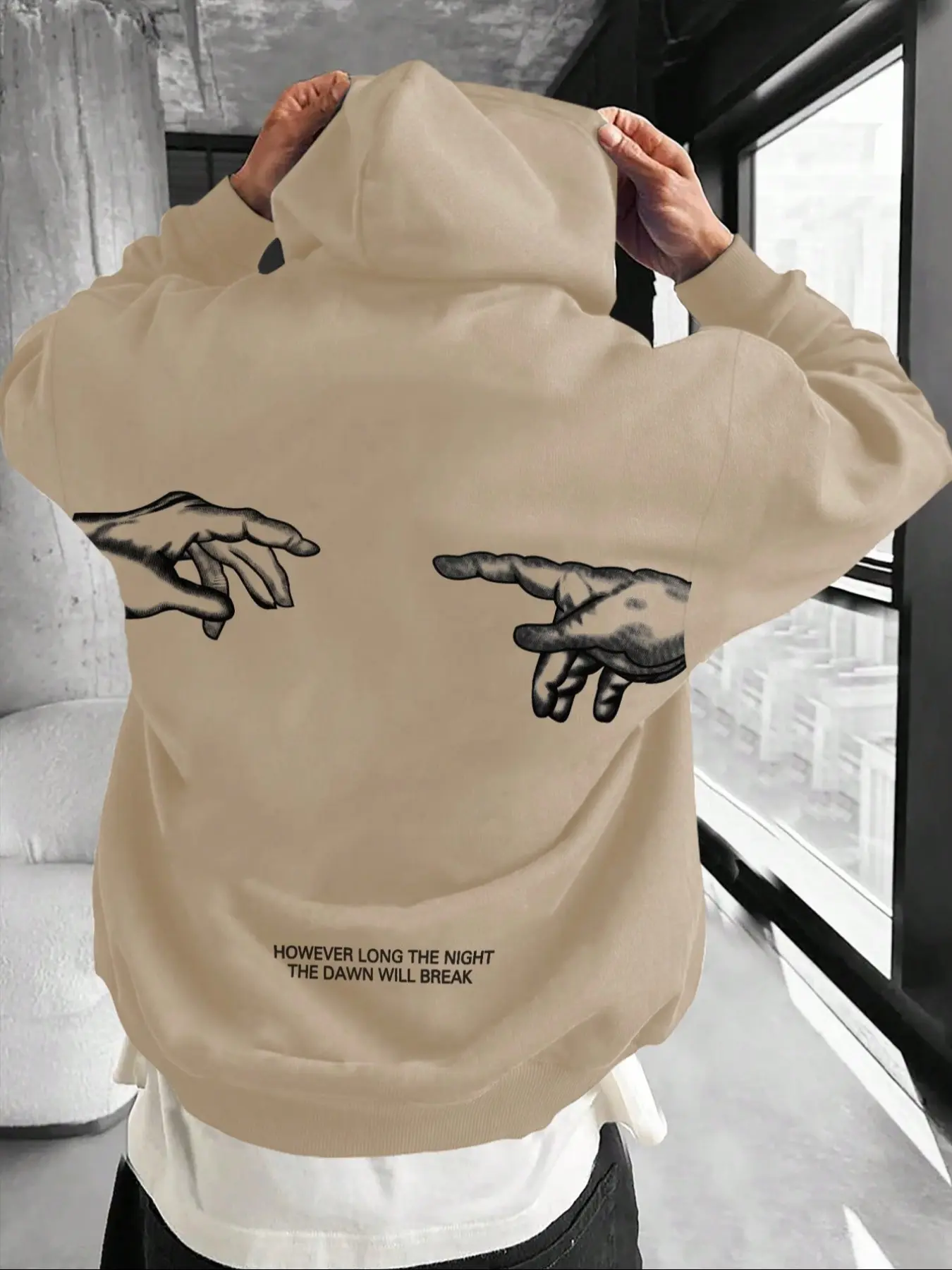 Men's Artistic Hand Print Pullover Hoodie, Basic Drawstring Hooded Sweatshirt with Pocket, Vintage Street Style, Fall & Winter Casual Wear