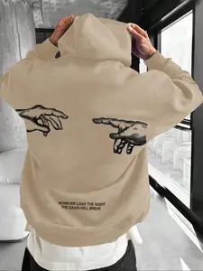 Men's Fleece Hoodie Pullover, Casual Cotton Drawstring Drop Shoulder Hooded Sweatshirt, Long Sleeve Letter Print Pocket Design, Fall & Winter Outdoor Wear