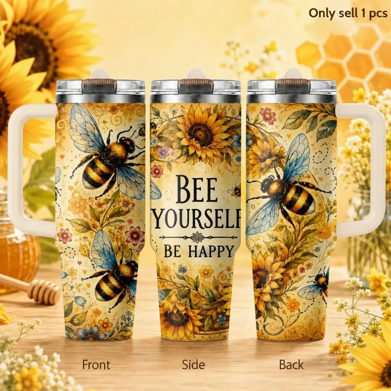 Bee Yourself Sunflower 40oz Tumbler – Positive Quote Bumblebee Floral Stainless Steel Insulated Travel Cup with Handle & Straw Lid for Coffee, Water, Office, Garden, Daily Motivation Gift