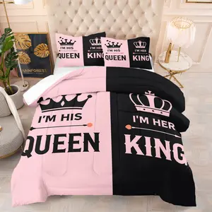 King & Queen Crown Bedding Set, Soft Color Block Letter Print, Fitted Sheet Included, Ideal for Couples' Bedroom Decor