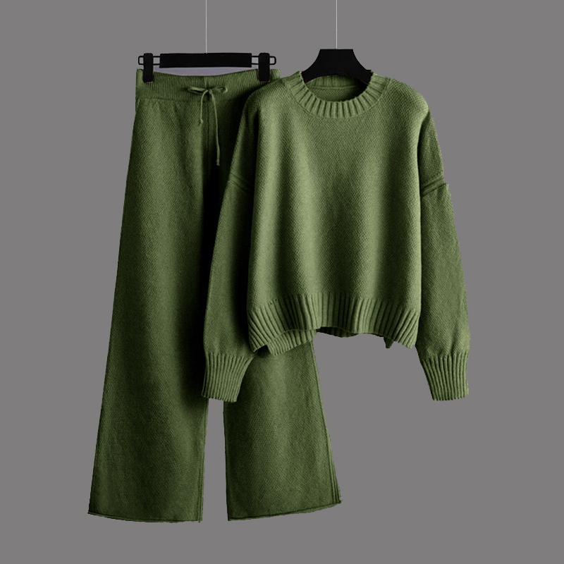 Women 2 Piece Sweater Outfits Long Sleeve Knit Pullover Top Wide Leg Knit Pants Lounge Set Casual Knitted Sweatsuit