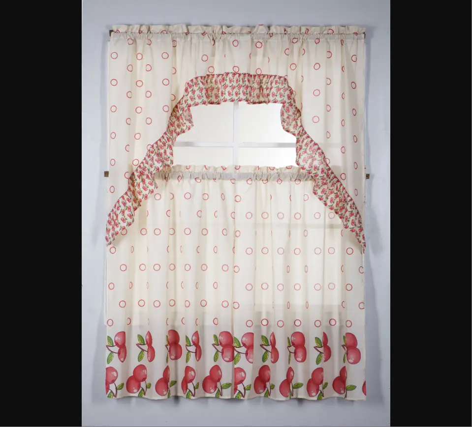 3-Piece Polyester Kitchen Window Curtain Set - Opaque Drapes, Fruit Motif Swag Valance and Tier Accessories