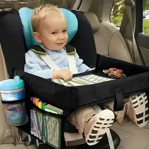Foldable & Expandable Polyester Car Seat Travel Tray, Multiple Storage Pockets, Lightweight, Wall-Mountable, Airplane, Car, Home Use