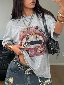 Women's Loose Fit Round Neck T-Shirt, Casual Loose Fitted, Cross Lips Print, Breathable Sweat-Wicking Slimming, Perfect Summer Fashion Top