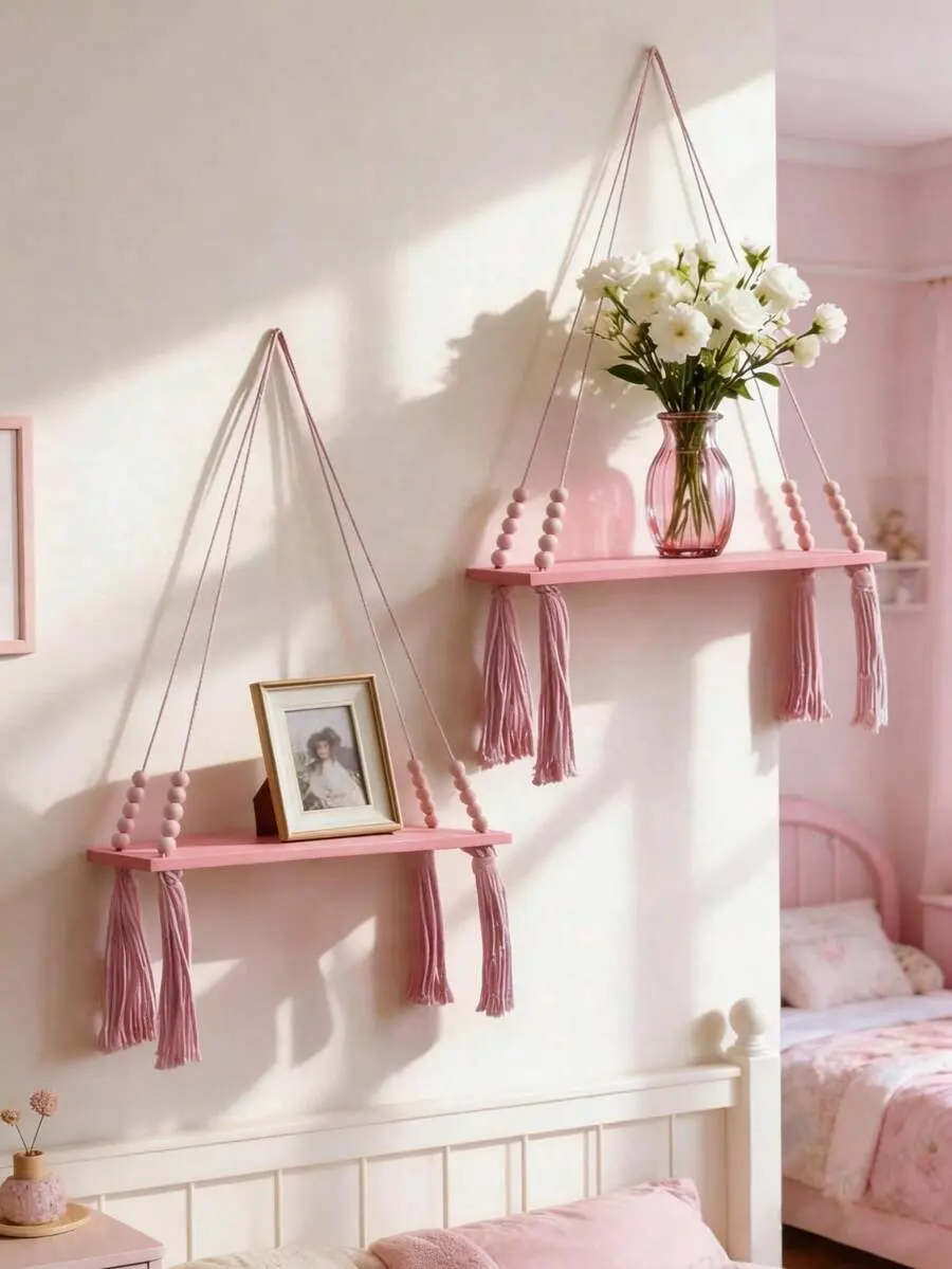 1/2pcs Pink Macrame Hanging Shelf Set, Beaded Tassel Rope Wall Shelf, Bohemian Style Floating Shelf For Girls, Indoor Bedroom Living Room Wall Hanging Rack, Fashion Rope Hanging Shelf, Suitable For Plants And Photo Decor, Modern Bohemian Style Hanging St