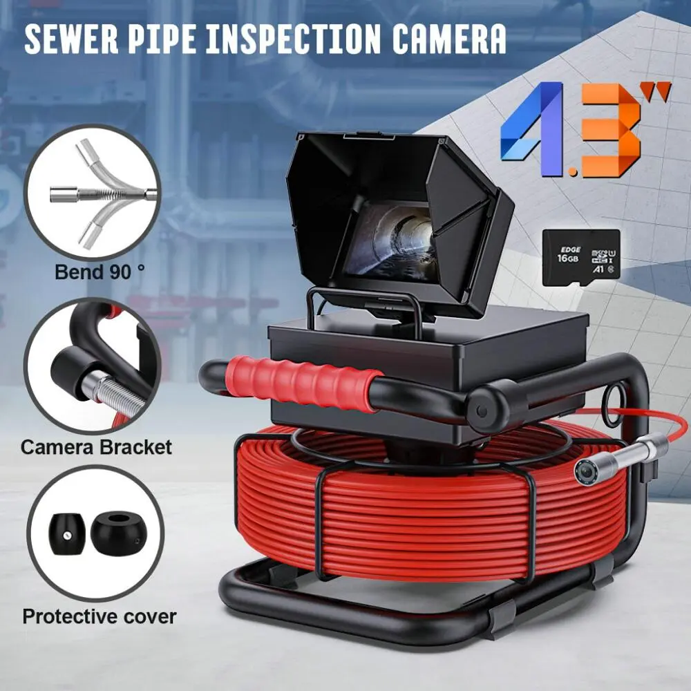 Sewer Camera 100FT/30M Borescopes Plumbing Snake Pipe Inspection Camera DVR & Audio Recorder 17MM with 5600Mah Battery 4.3" IPS Screen 8 LEDs HD 1000TVL 32GB Card