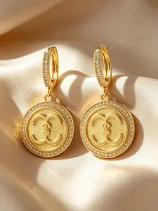 1 Pair 18k Gold Plated Copper Ring Double C Women's Earrings, Cubic Zirconia Round Coin Dangle Earrings, Low Allergy Luxury Jewelry Gift